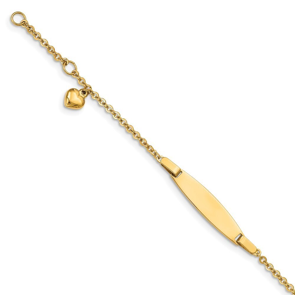 14k Yellow Gold Polished w/ Dangling Heart w/1in ext. ID Bracelet